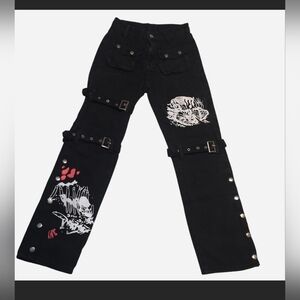 Black Graphic Buckle Detail Pants